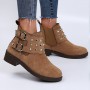 Women’s Rivets Studded Buckle Closure Suede Ankle Boots – Brown