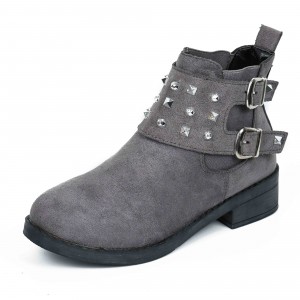 Women’s Rivets Studded Buckle Closure Suede Ankle Boots – Grey