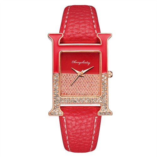 Casual Leather Strap Quartz Fashion Ladies Wrist Watch - Red image