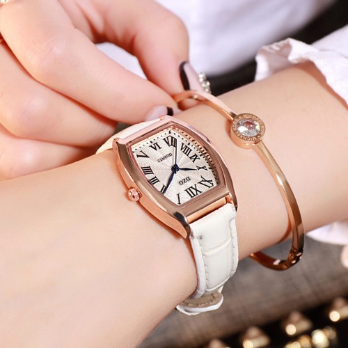 Roman Style Dial Leather Wrist Watch For Women - White image