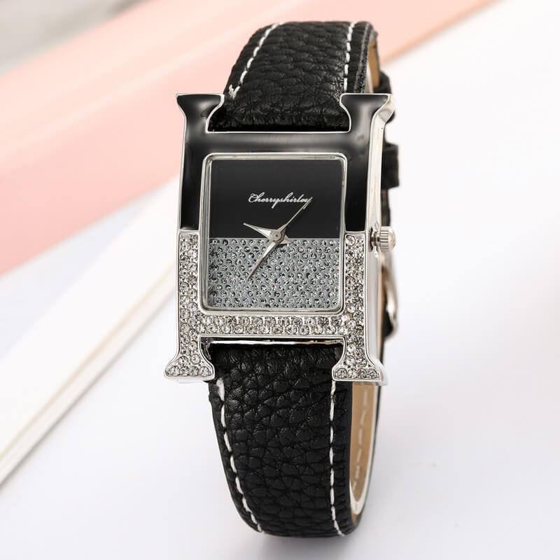 Casual Leather Strap Quartz Fashion Ladies Wrist Watch - Black image