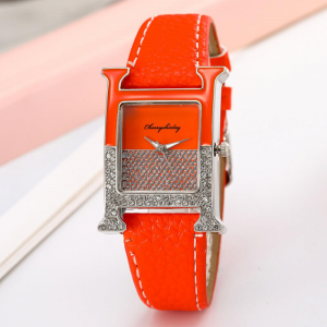 Casual Leather Strap Quartz Fashion Ladies Wrist Watch - Orange