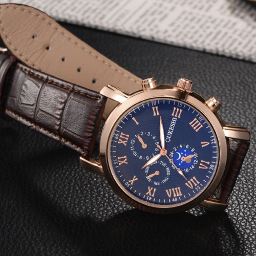 Leather Belt Roman Numeral Scale Quartz Watch - Blue image
