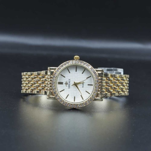 Crystal Rim Steel Strap Wrist Watch For Women's - Gold image