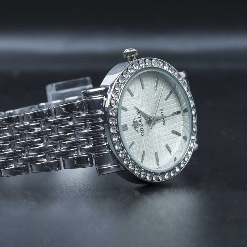 Crystal Rim Steel Strap Wrist Watch For Women's - Silver image