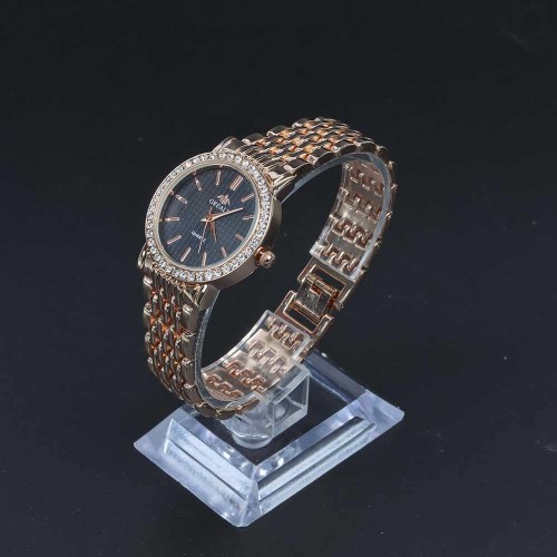 Crystal Rim Steel Strap Wrist Watch For Women's - Rose Gold image