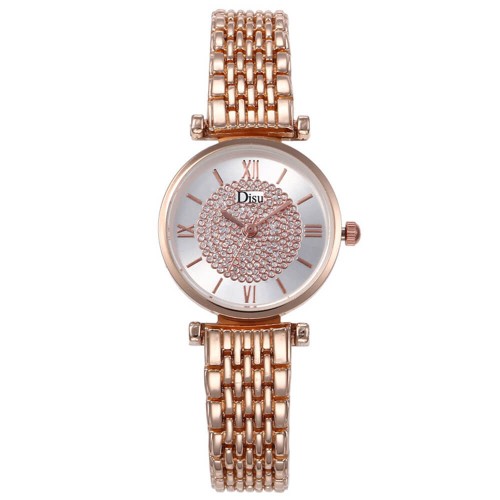 Round Dial Crystals Decorated Women's Bracelet Watch - Gold image