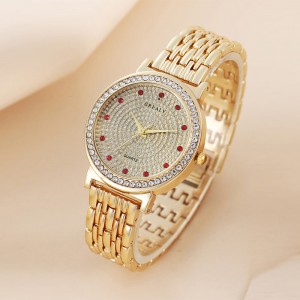 Rhinestone Round Dial Women's Bracelet Watch - Gold