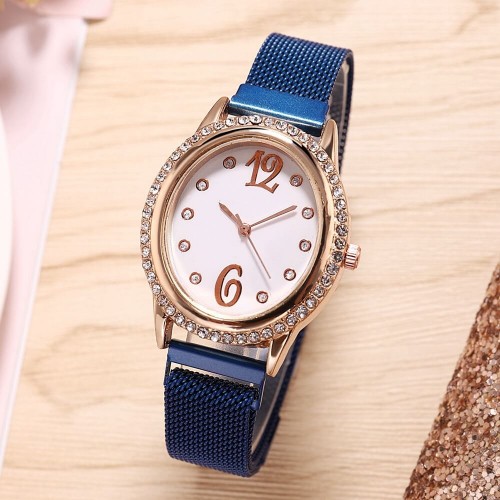 Rhinestone Oval Dial Women's Wrist Watch - Blue image