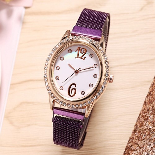 Rhinestone Oval Dial Women's Wrist Watch - Purple image