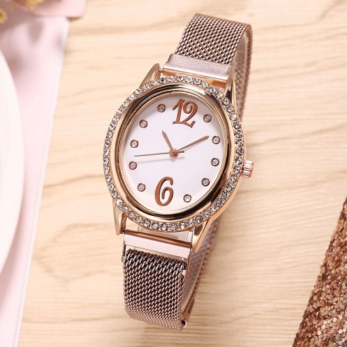 Rhinestone Oval Dial Women's Wrist Watch - Gold image