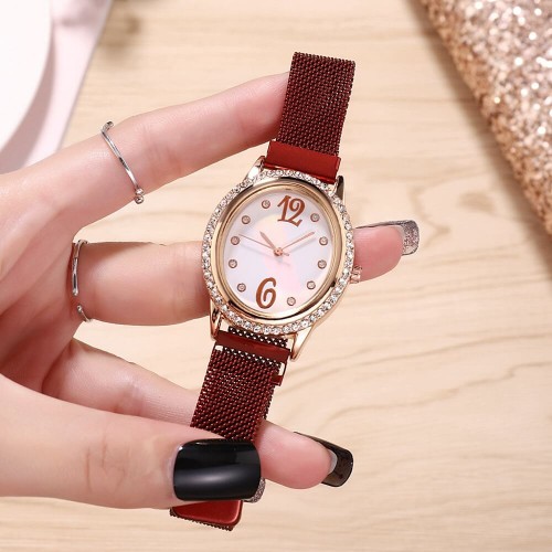 Rhinestone Oval Dial Women's Wrist Watch - Red image