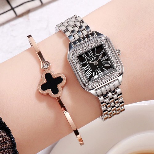Diamond Studded Women's Quartz Bracelet Watch - Silver image