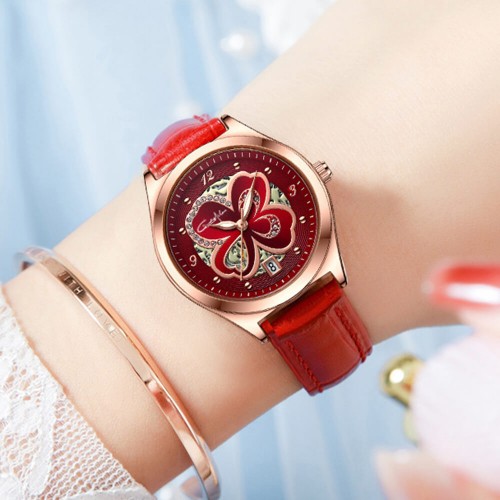 Flower Pattern Round Dial Ladies Wrist Watch - Red image