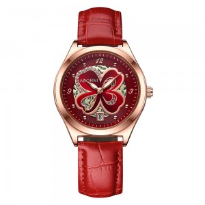 Flower Pattern Round Dial Ladies Wrist Watch - Red
