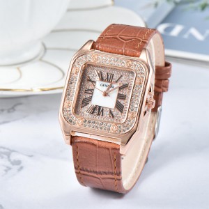 Diamonds Encrusted Square Face Women's Wrist Watch - Brown