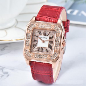 Diamonds Encrusted Square Face Women's Wrist Watch - Red