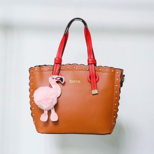 Women's Leather Hand Bag With Furry Cartoon Ball - Brown