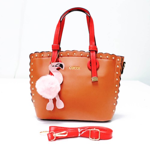 Women's Leather Hand Bag With Furry Cartoon Ball - Brown image