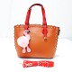 Women's Leather Hand Bag With Furry Cartoon Ball - Brown image