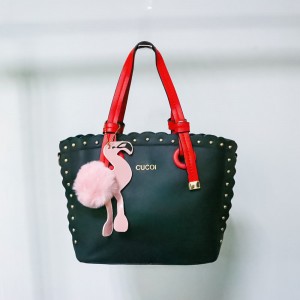 Women's Leather Hand Bag With Furry Cartoon Ball - Black