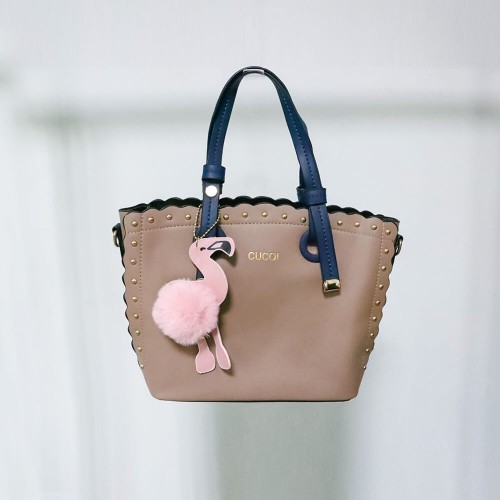Women's Leather Hand Bag With Furry Cartoon Ball - Light Brown image