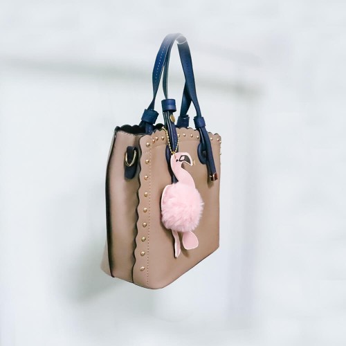Women's Leather Hand Bag With Furry Cartoon Ball - Light Brown image