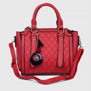 Zipper Closure Diamond Stitched Leather Hand Bag For Women - Red