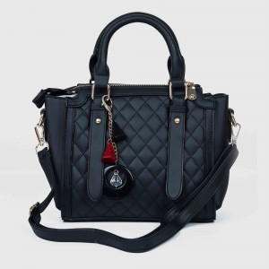 Zipper Closure Diamond Stitched Leather Hand Bag For Women - Black