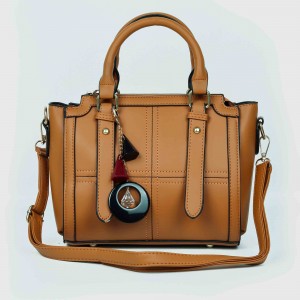 Zipper Closure Diamond Stitched Leather Hand Bag For Women - Brown