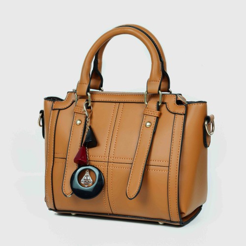 Zipper closure Diamond Stitched Leather Hand Bag For women - Brown image
