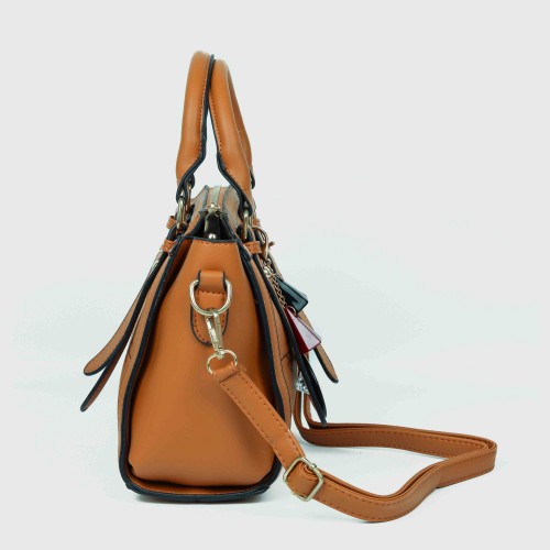 Zipper closure Diamond Stitched Leather Hand Bag For women - Brown image