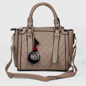 Zipper Closure Diamond Stitched Leather Hand Bag For Women - Beige