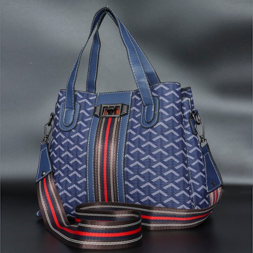 Rotating Closure Synthetic Leather Women's Hand Bag Set - Blue image