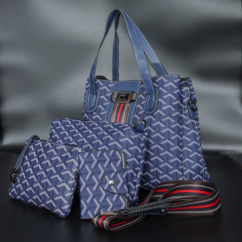 Rotating Closure Synthetic Leather Women's Hand Bag Set - Blue image