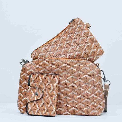 Rotating Closure Synthetic Leather Women's Hand Bag Set - Brown image