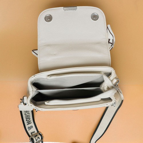 Dual Zipper Magnetic Flap closure women's Shoulder Bag - Cream image