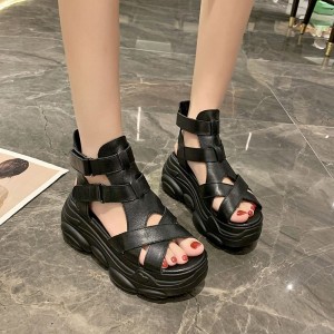 Strapped Style High Wedge Women's Leather Sandals - Black