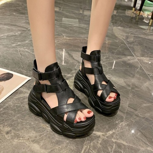 Strapped Style High Wedge Women's Leather Sandals - Black image