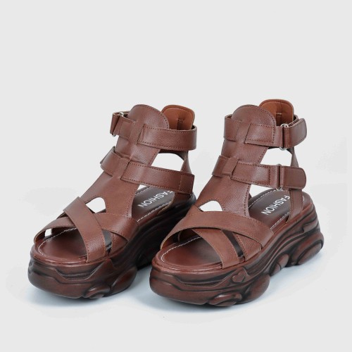 Strapped Style High Wedge Women's Leather Sandals - Brown image