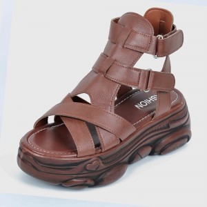 Strapped Style High Wedge Women's Leather Sandals - Brown