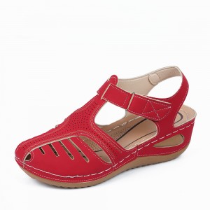 Velcro Closure Round Toe Women's Summer Sandal - Red