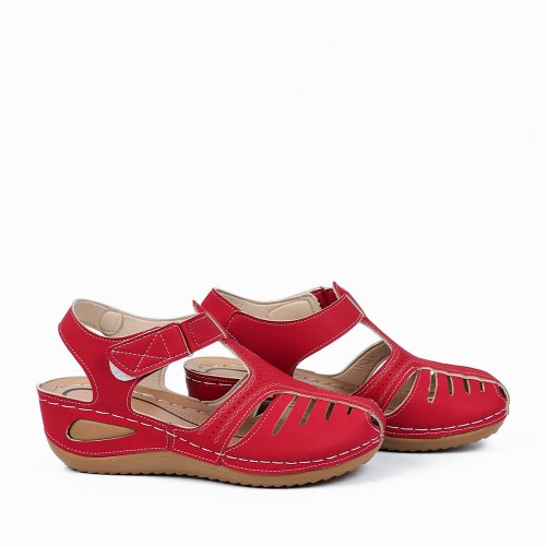 Velcro Closure Round Toe Women's Summer Sandal - Red image