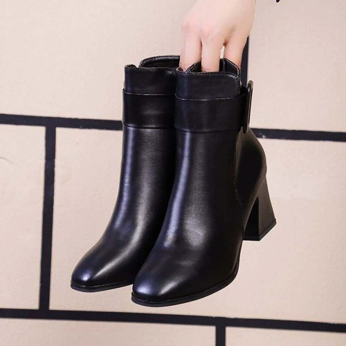 Women's Casual High Heel Leather Boots - Black image