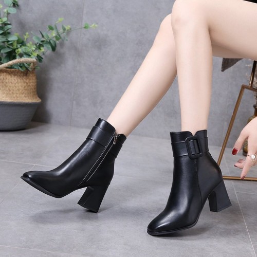 Women's Casual High Heel Leather Boots - Black image