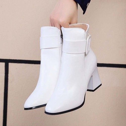 Women's Casual High Heel Leather Boots - White image