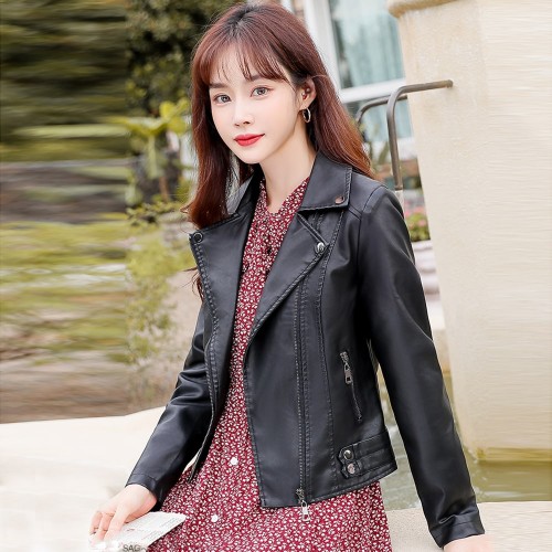 Zipper Fashion Body-fit Full Sleeved Women Leather Jacket - Black image