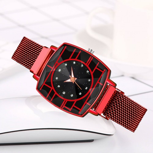 Mesh Style Magnetic Closure Women's Wrist Watch - Red image
