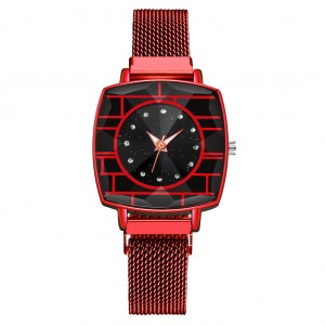 Mesh Style Magnetic Closure Women's Wrist Watch - Red