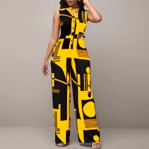 Casual V-Neck Sleeveless Printed Loose Fit Jumpsuit - Yellow